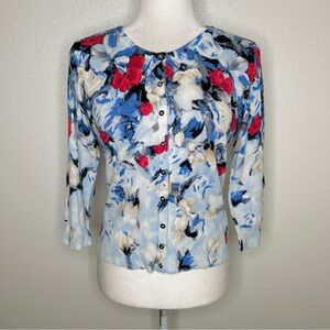 White House Black Market Womens Blue Floral Button Front Cardigan Sweater Size S